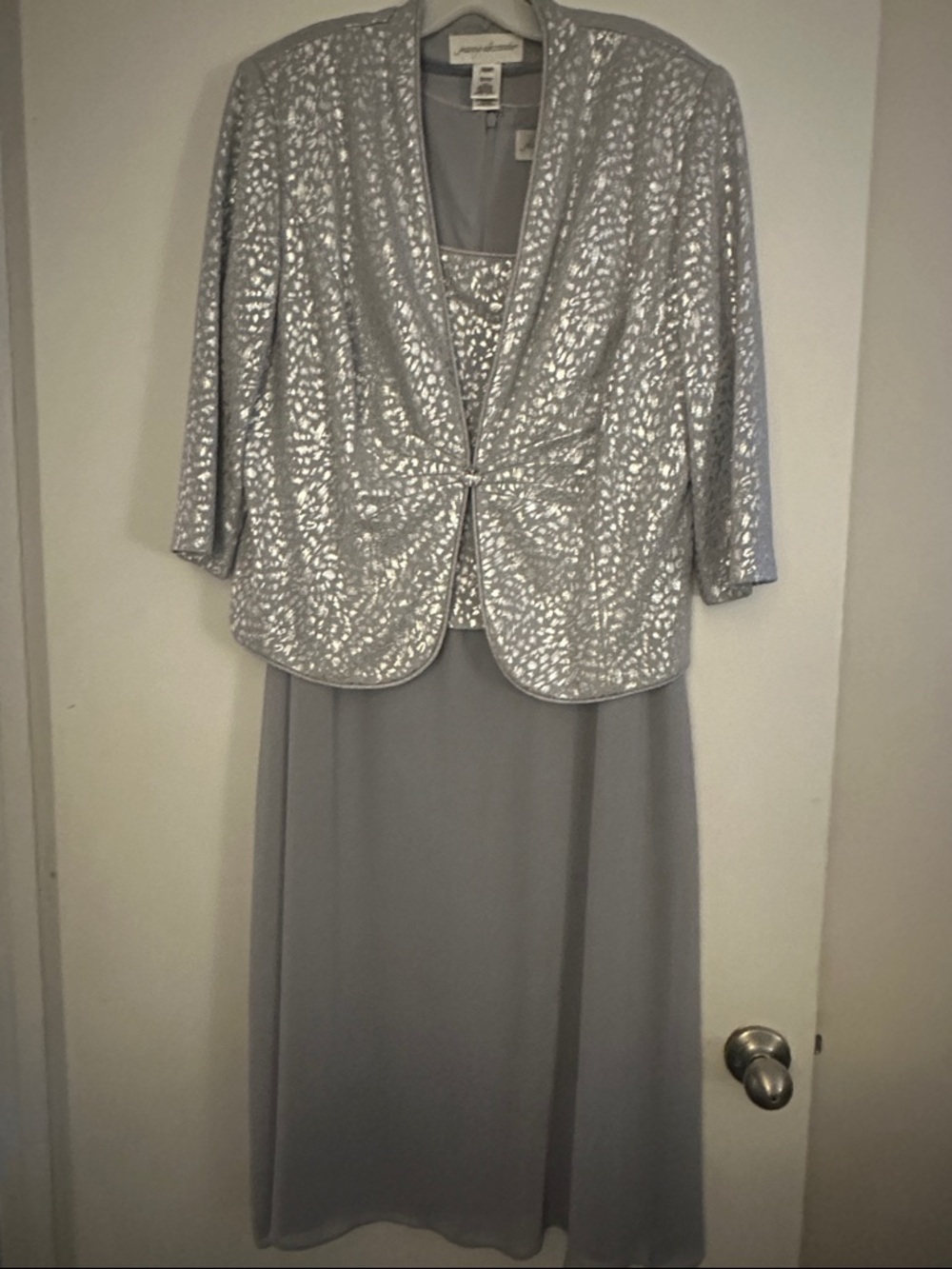 Jeanne Alexander Silver Sequin Jacket with Light Gray Dress